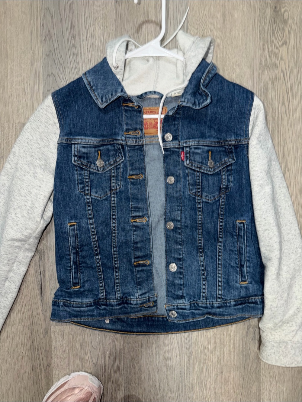 Levi's Blue Denim Jacket with Light Gray Hoodie Sleeves